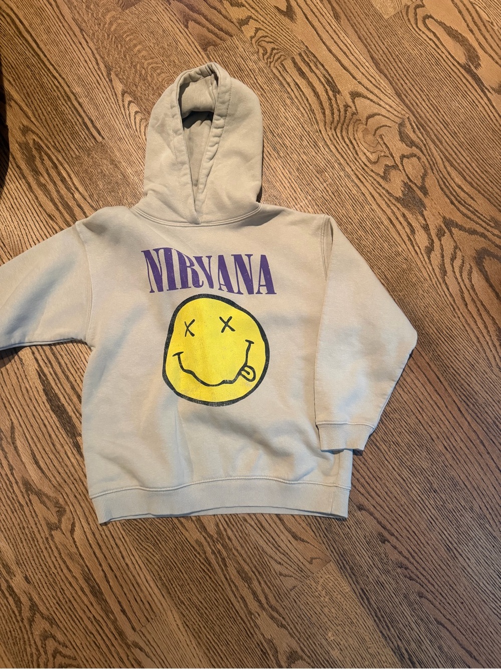 Zara Beige Kids Hoodie with Yellow Smiley and Purple Logo
